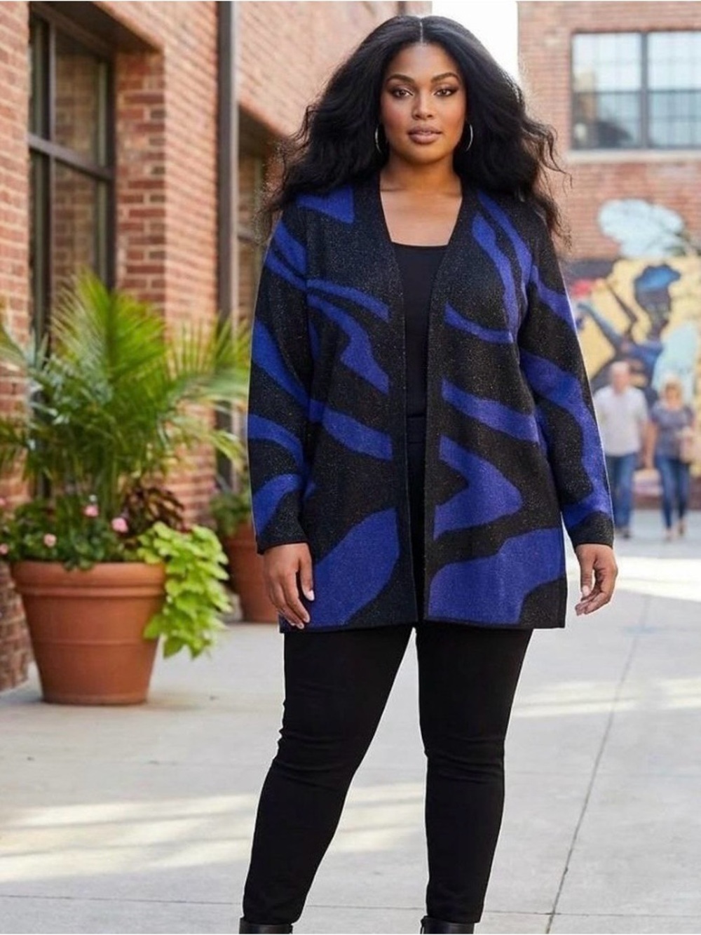 Chico's Black & Navy Open-Front Patterned Cardigan